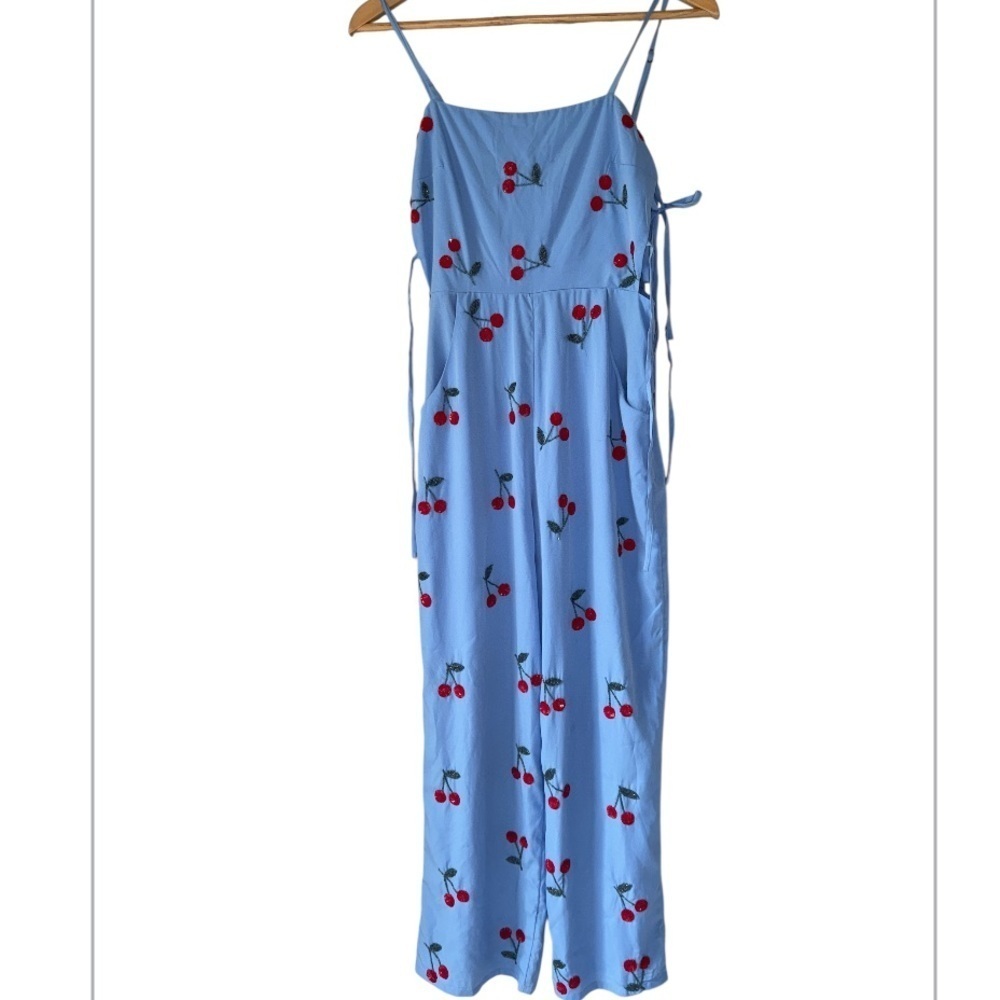 Lovers and Friends Jumpsuit x Small Blue Red Analee Cherries Beaded Side Ties XS